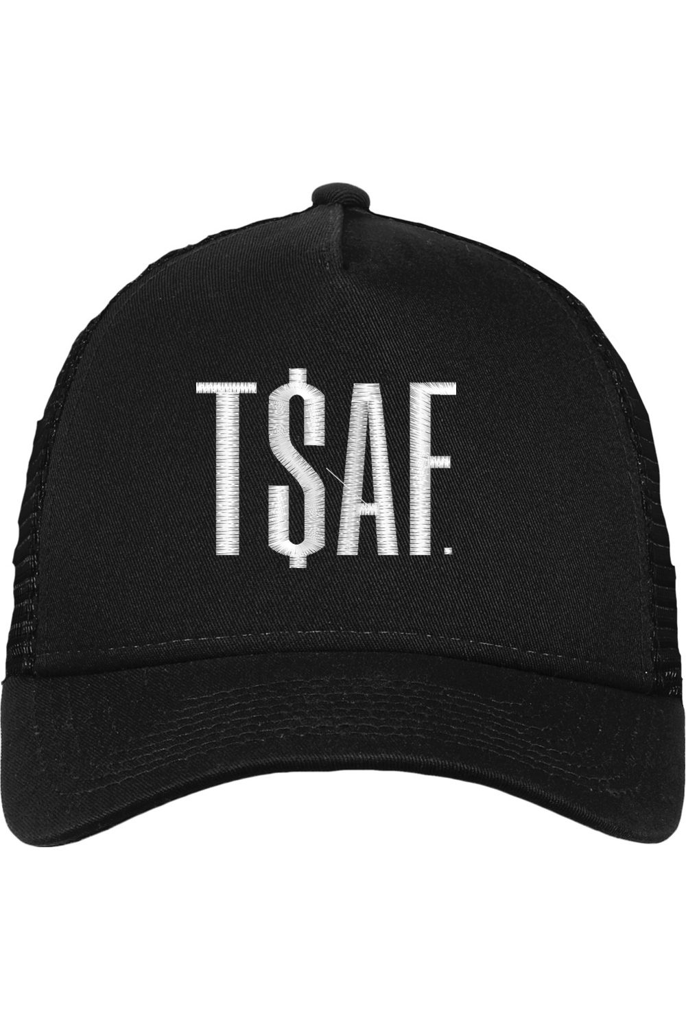 T$AF SNAPBACK TRUCKER HAT- BLACK WITH WHITE LETTERING