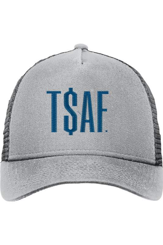 T$AF SNAPBACK TRUCKER HAT-GRAY WITH BLUE LETTERING