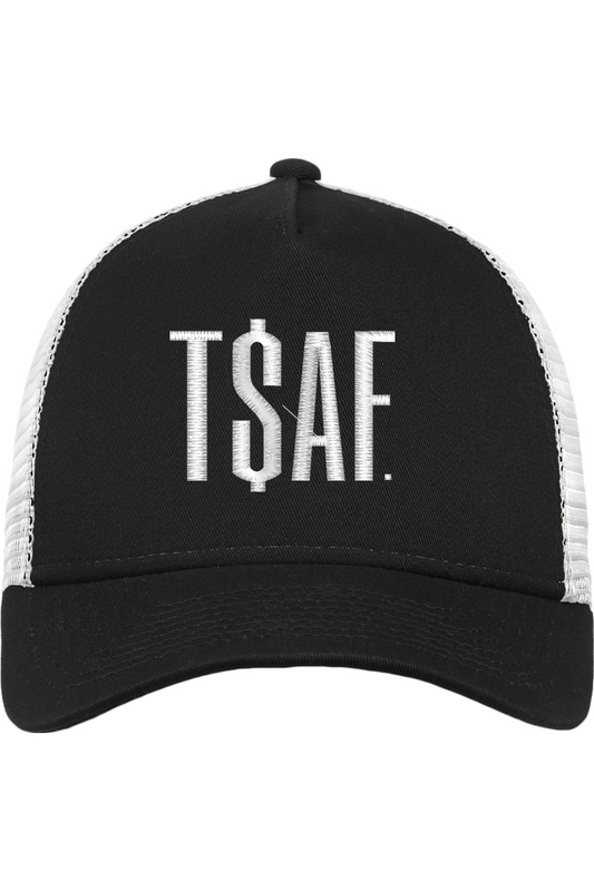 T$AF SNAPBACK TRUCKER HAT- B/W WITH WHITE LETTERING